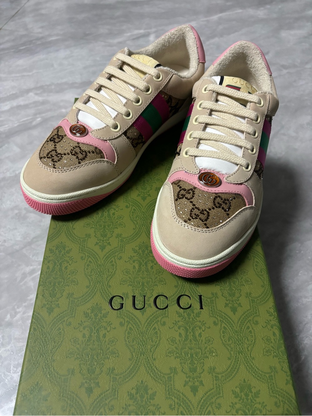 Beige Gucci Canvas Low-Top Sneakers with Pink & Green Accents